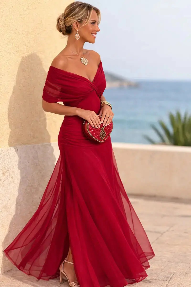 Women's V-Neck Chiffon Maxi Cocktail Party Dress with Ruched Waist