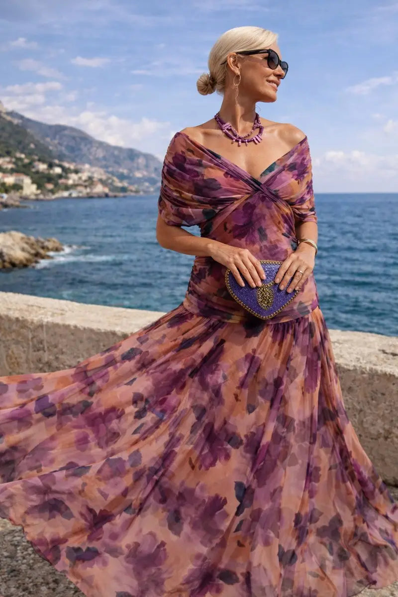 Women's V-Neck Chiffon Maxi Cocktail Party Dress with Ruched Waist