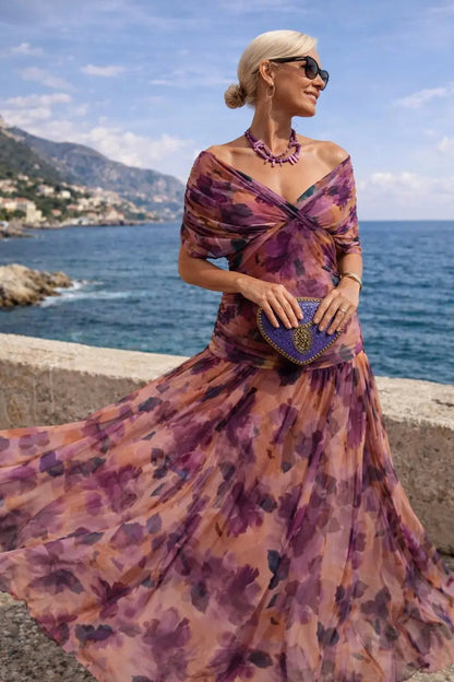 Women's V-Neck Chiffon Maxi Cocktail Party Dress with Ruched Waist