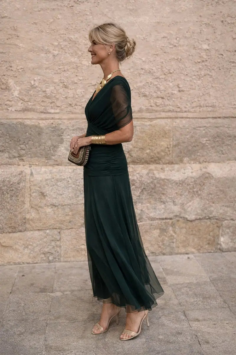 Women's V-Neck Chiffon Maxi Cocktail Party Dress with Ruched Waist