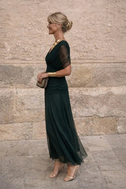 Women's V-Neck Chiffon Maxi Cocktail Party Dress with Ruched Waist