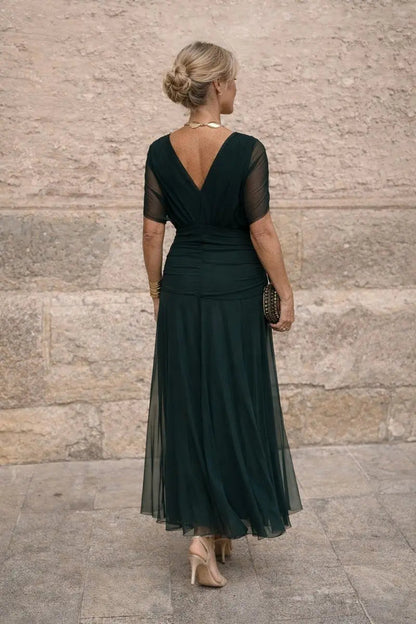 Women's V-Neck Chiffon Maxi Cocktail Party Dress with Ruched Waist