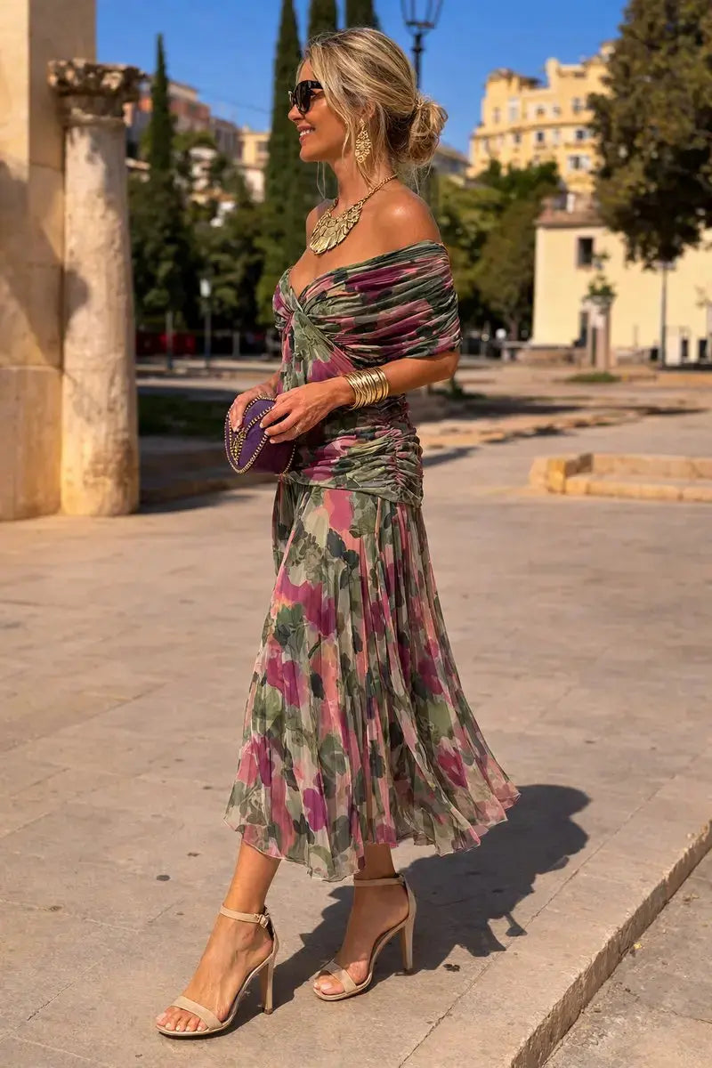 Women's V-Neck Chiffon Maxi Cocktail Party Dress with Ruched Waist