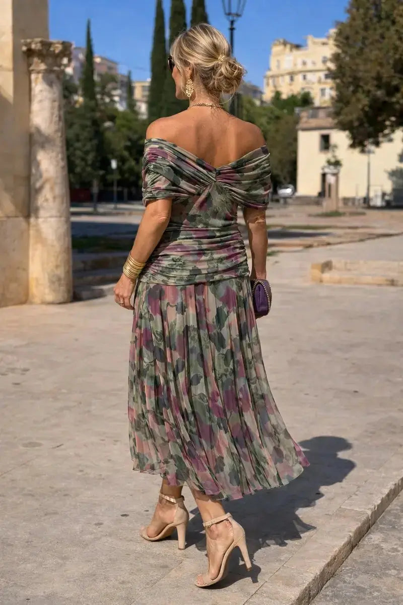 Women's V-Neck Chiffon Maxi Cocktail Party Dress with Ruched Waist