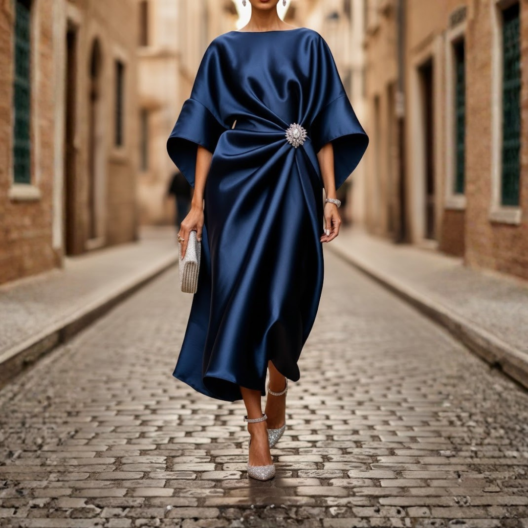 Women's V-Neck Midi Dress with Elbow Sleeves and Flared Skirt