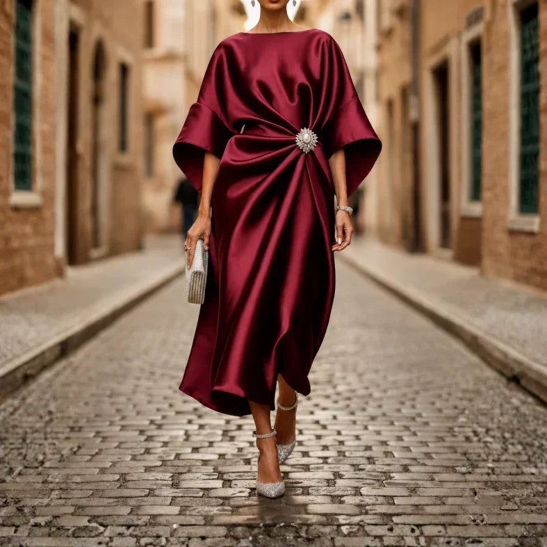 Women's V-Neck Midi Dress with Elbow Sleeves and Flared Skirt