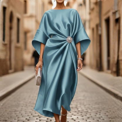 Women's V-Neck Midi Dress with Elbow Sleeves and Flared Skirt
