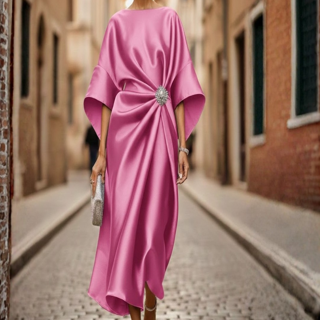 Women's V-Neck Midi Dress with Elbow Sleeves and Flared Skirt