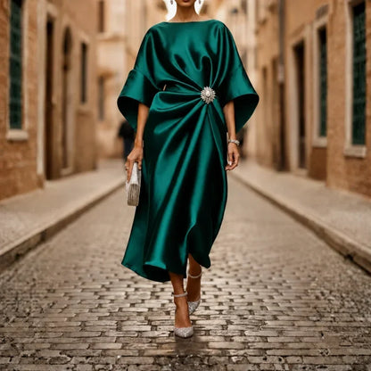 Women's V-Neck Midi Dress with Elbow Sleeves and Flared Skirt