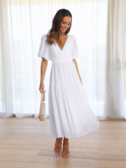 Women's V-Neck Puff Sleeve Midi Dress