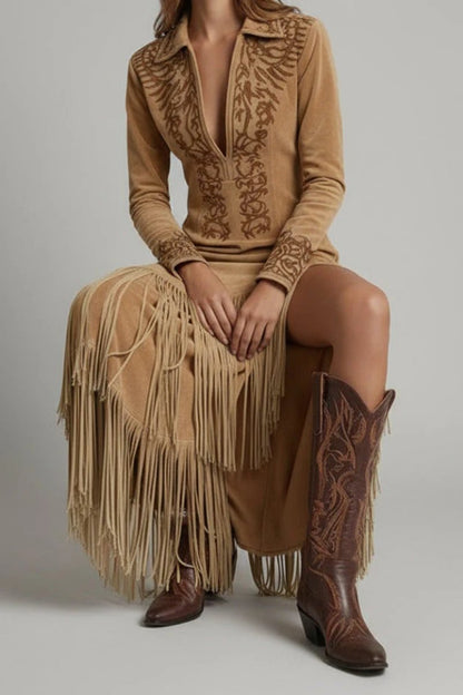 Women's Western Fringed Long-Sleeve Maxi Evening Dress