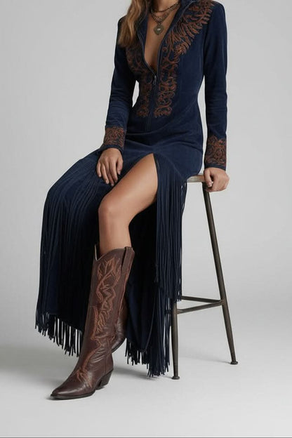 Women's Western Fringed Long-Sleeve Maxi Evening Dress