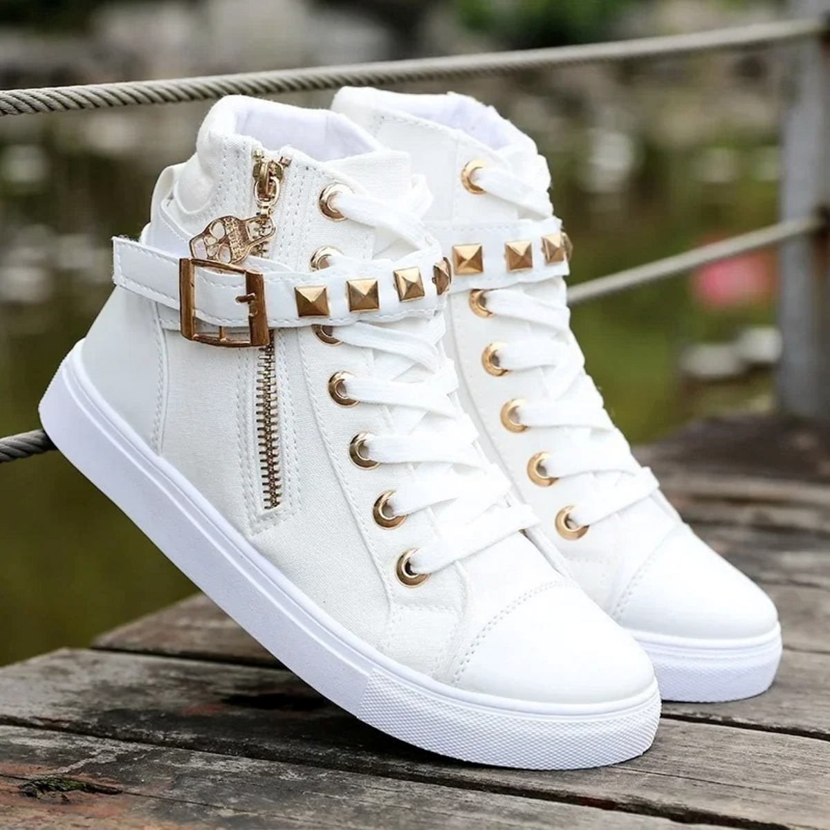 Women's White Leather High-Top Sneakers with Zipper