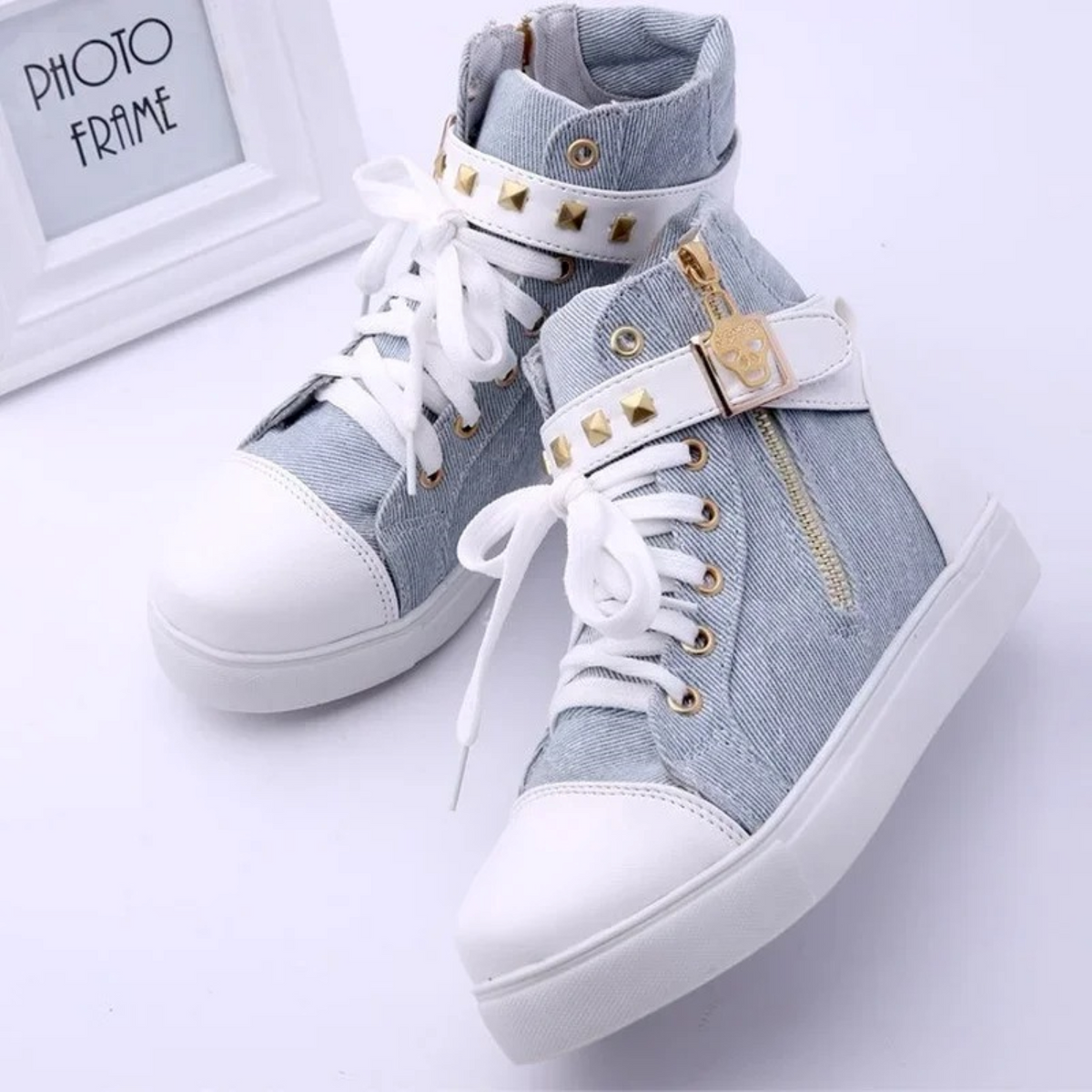 Women's White Leather High-Top Sneakers with Zipper