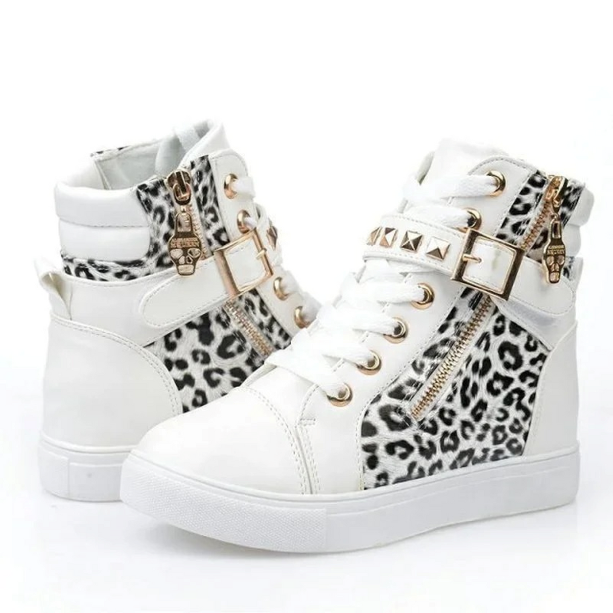 Women's White Leather High-Top Sneakers with Zipper