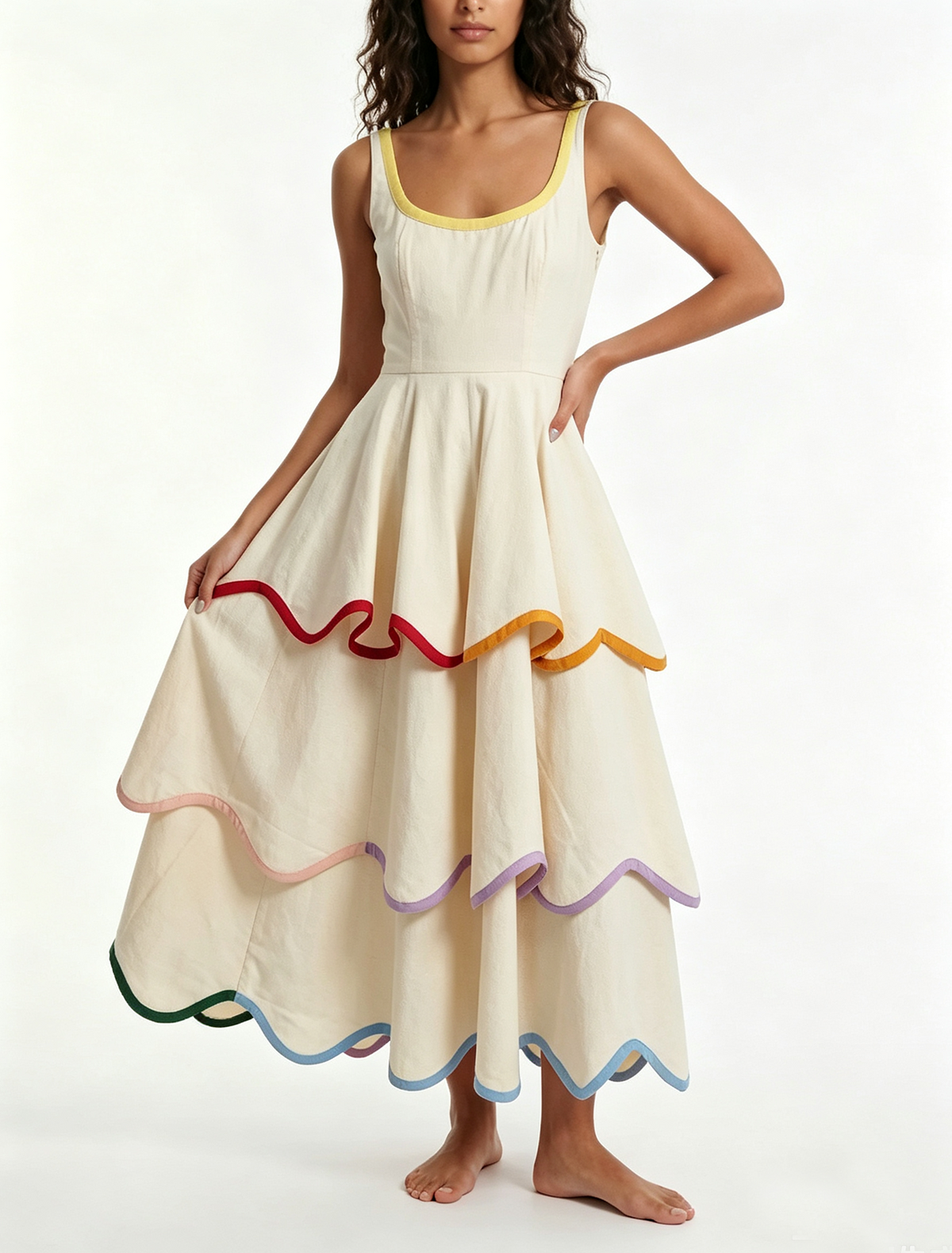 Women's White Tiered Maxi Dress with Rainbow Trim