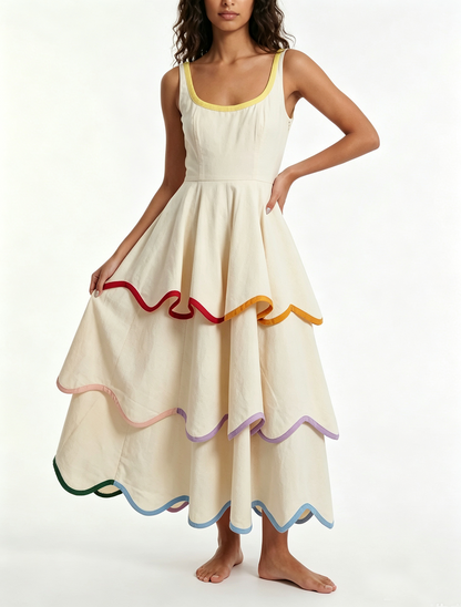 Women's White Tiered Maxi Dress with Rainbow Trim