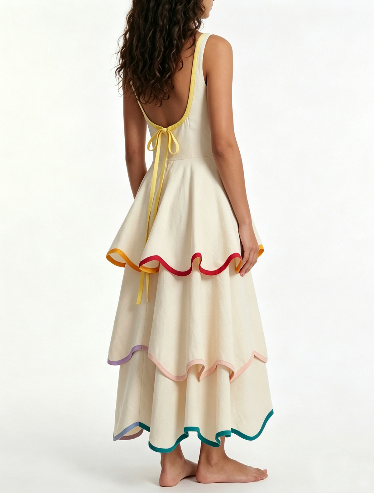 Women's White Tiered Maxi Dress with Rainbow Trim