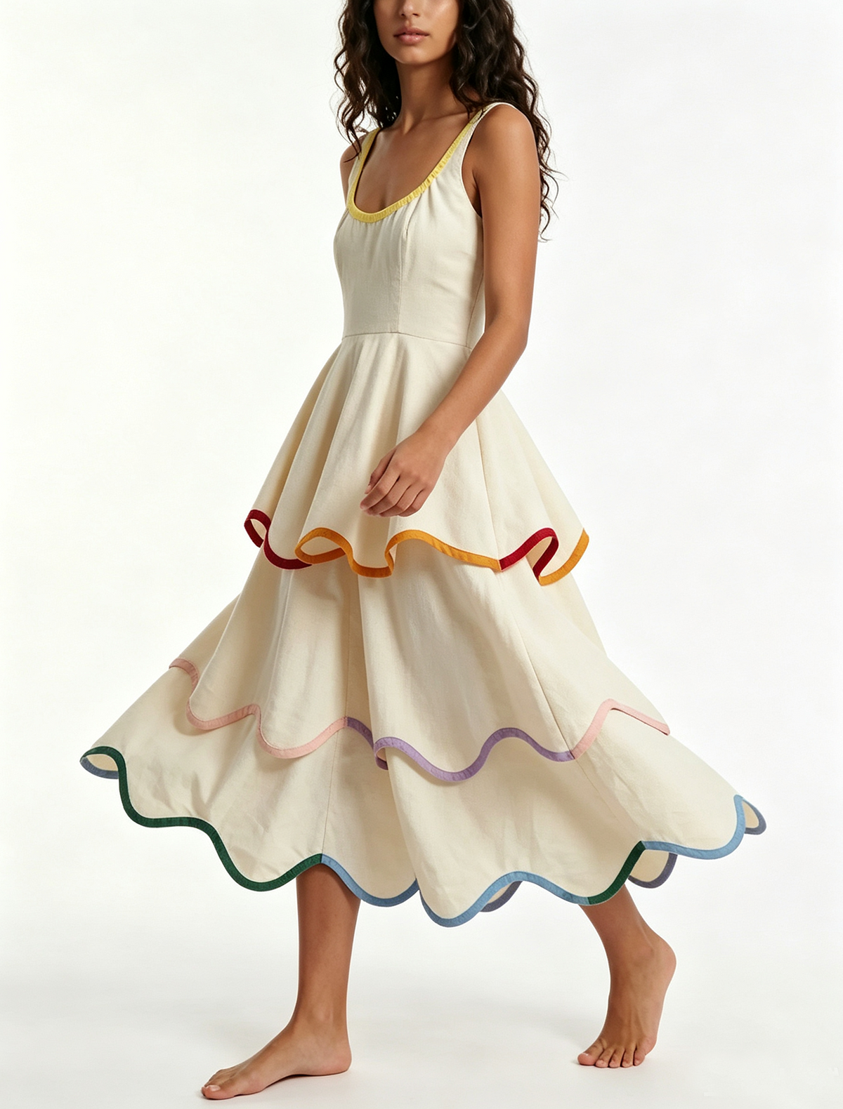 Women's White Tiered Maxi Dress with Rainbow Trim