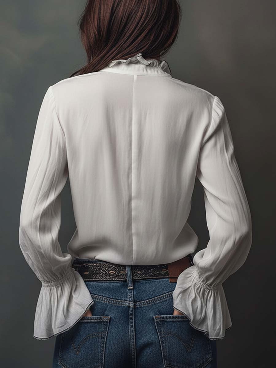 Women's White Zip-Front Blouse with Bell Cuffs