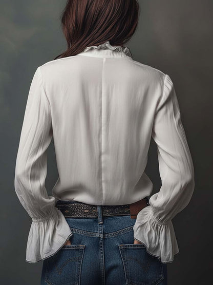 Women's White Zip-Front Blouse with Bell Cuffs
