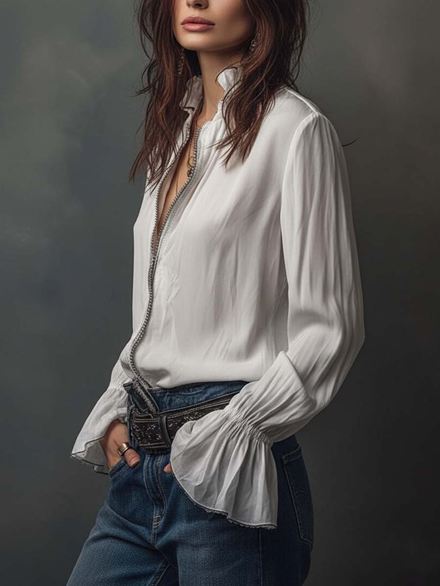 Women's White Zip-Front Blouse with Bell Cuffs
