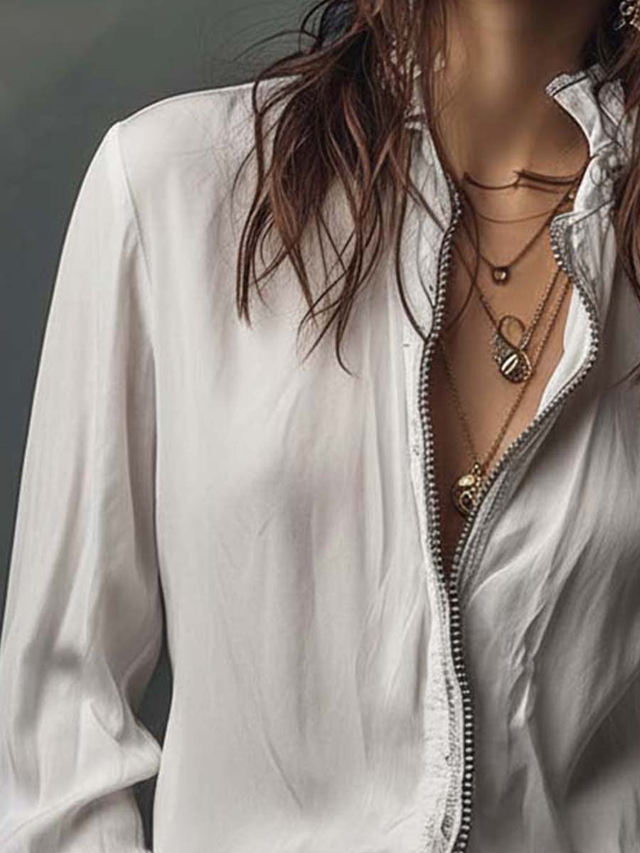 Women's White Zip-Front Blouse with Bell Cuffs