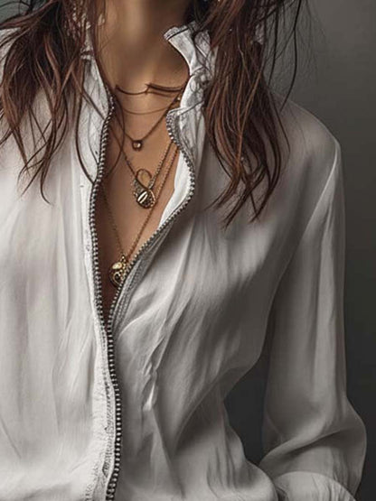 Women's White Zip-Front Blouse with Bell Cuffs