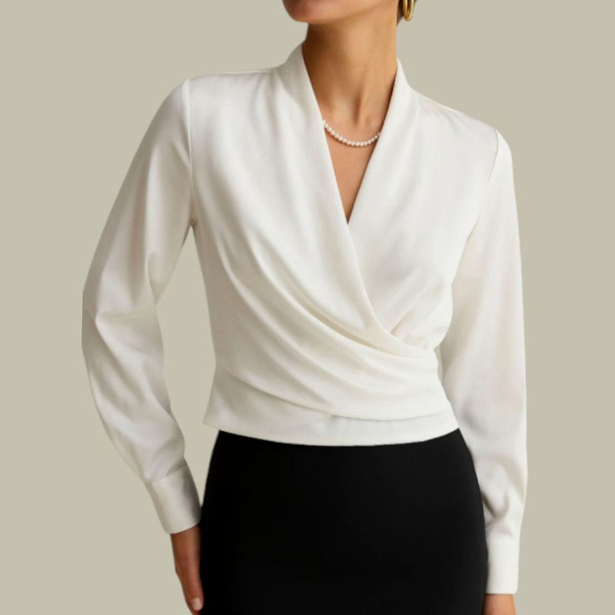Women's Wrap-Front Long-Sleeve Satin V-Neck Blouse