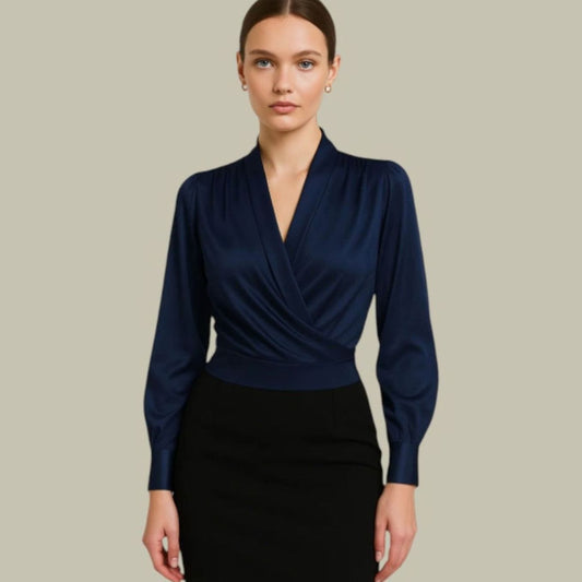 Women's Wrap-Front Long-Sleeve Satin V-Neck Blouse