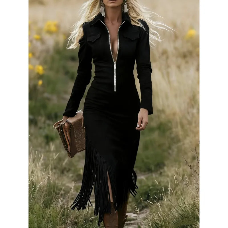 Women's Zip-Front Midi Dress with Fringe Hem