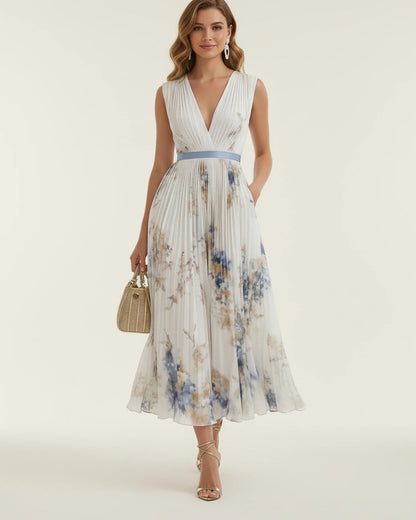 Women's Floral Print Pleated A-Line Midi Dress