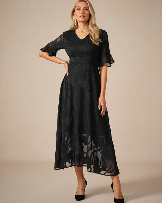 Midi Floral Mesh V-Neck A-Line Dress