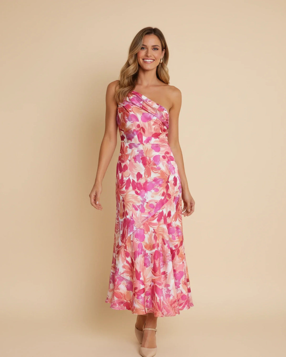Women's One-Shoulder Floral Print A-Line Midi Dress