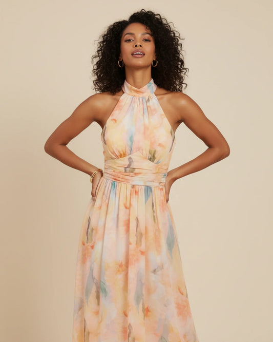 Women's Halter Neck Floral Print A-Line Midi Dress