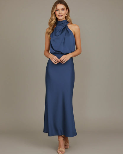 Women's Halter Cowl Neck Slip Midi Dress