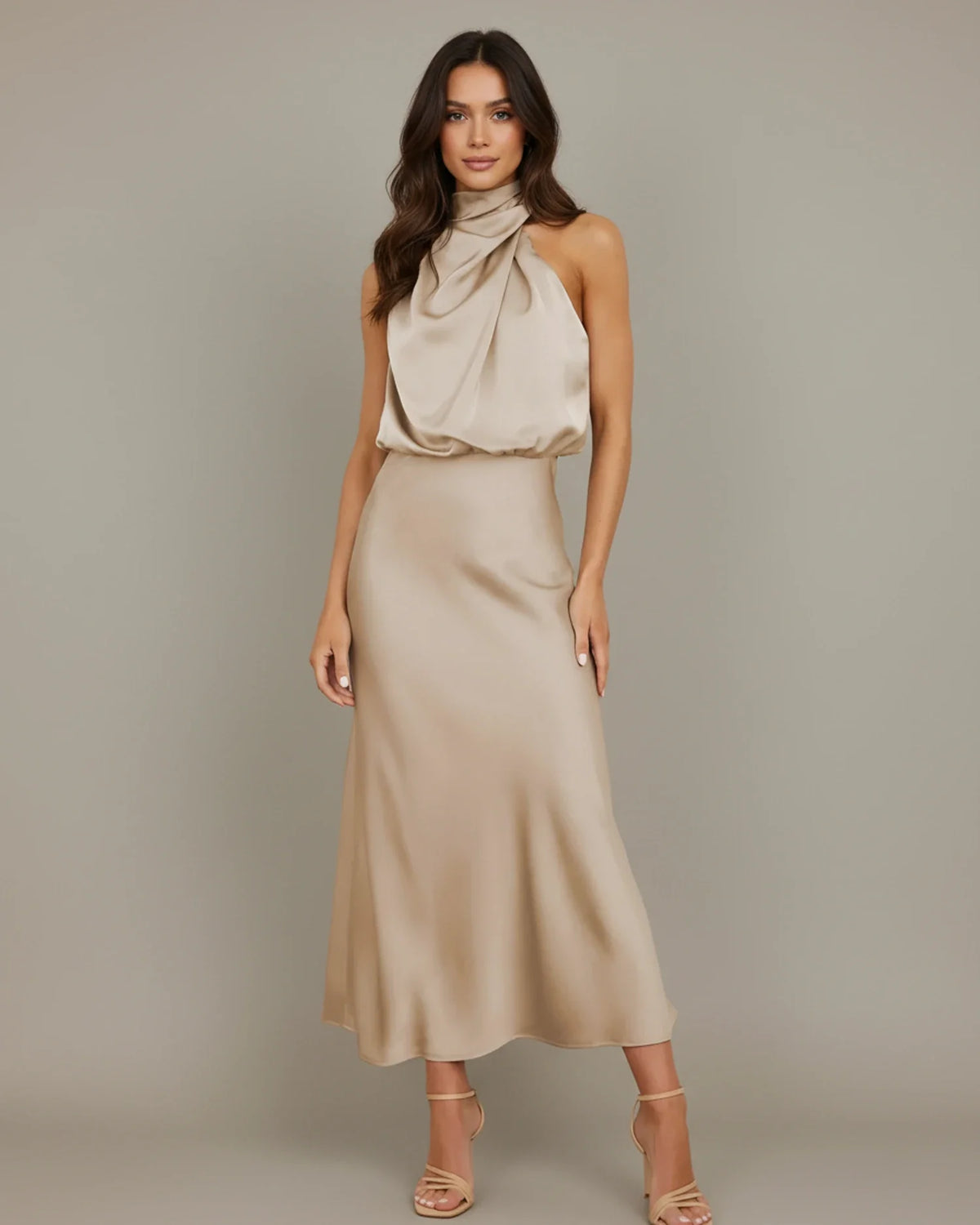 Women's Halter Cowl Neck Slip Midi Dress