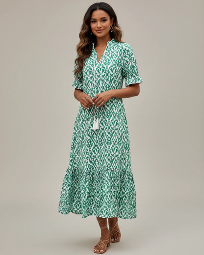 Women's Ikat Print Tiered Midi Shirt Dress