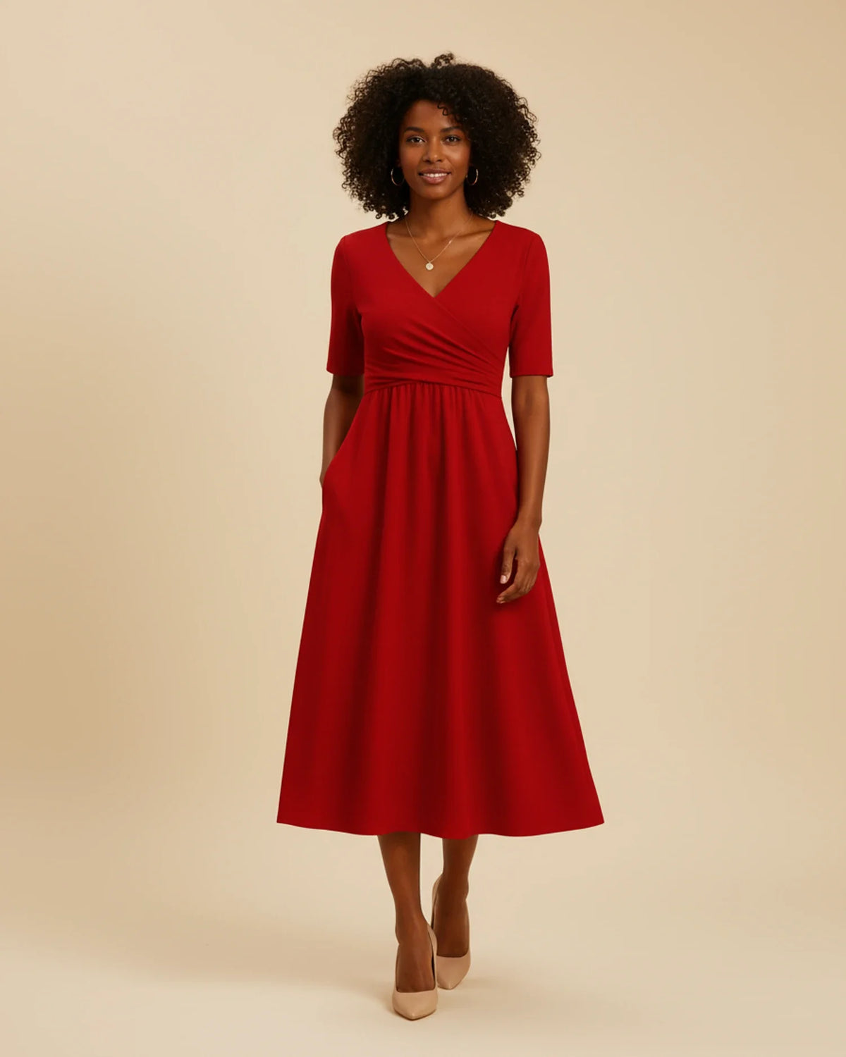 Women's V-Neck A-Line Midi Dress with Pockets
