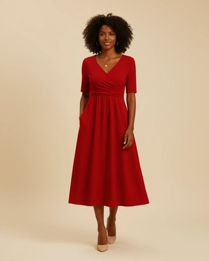 Women's V-Neck A-Line Midi Dress with Pockets