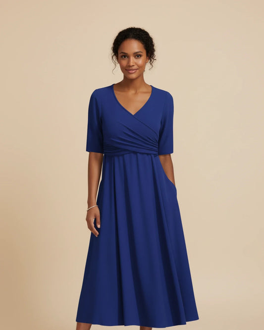 Women's V-Neck A-Line Midi Dress with Pockets