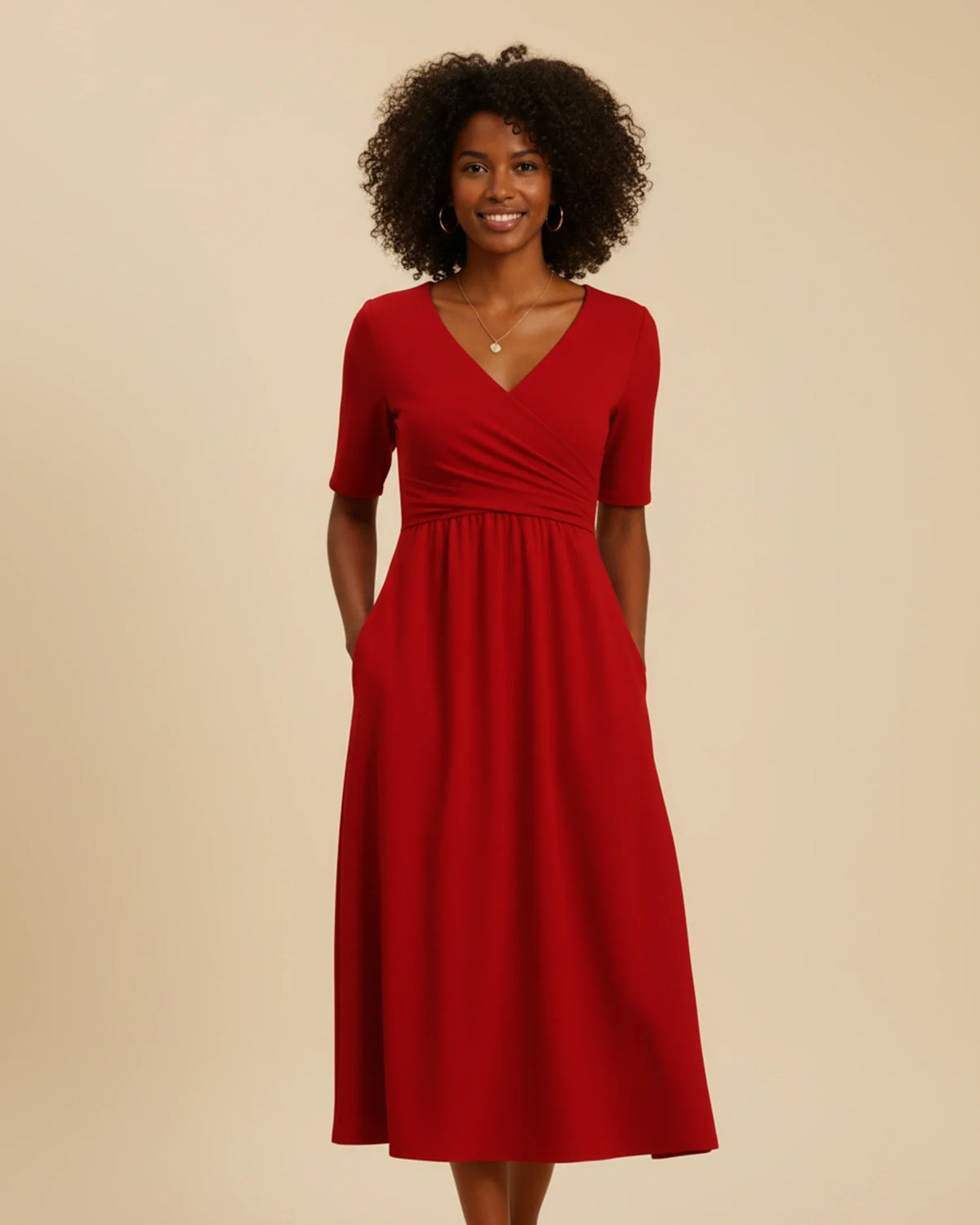 Women's V-Neck A-Line Midi Dress with Pockets