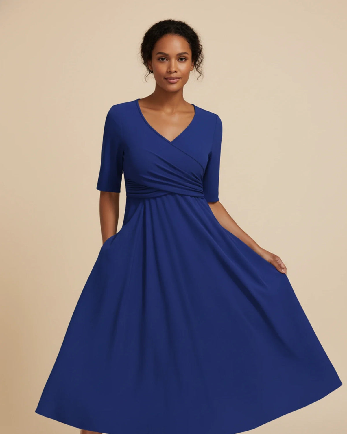 Women's V-Neck A-Line Midi Dress with Pockets