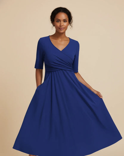 Women's V-Neck A-Line Midi Dress with Pockets