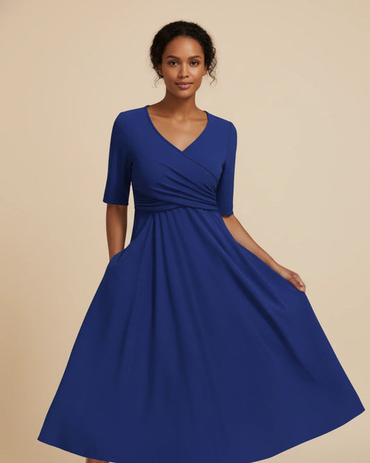 Women's V-Neck A-Line Midi Dress with Pockets