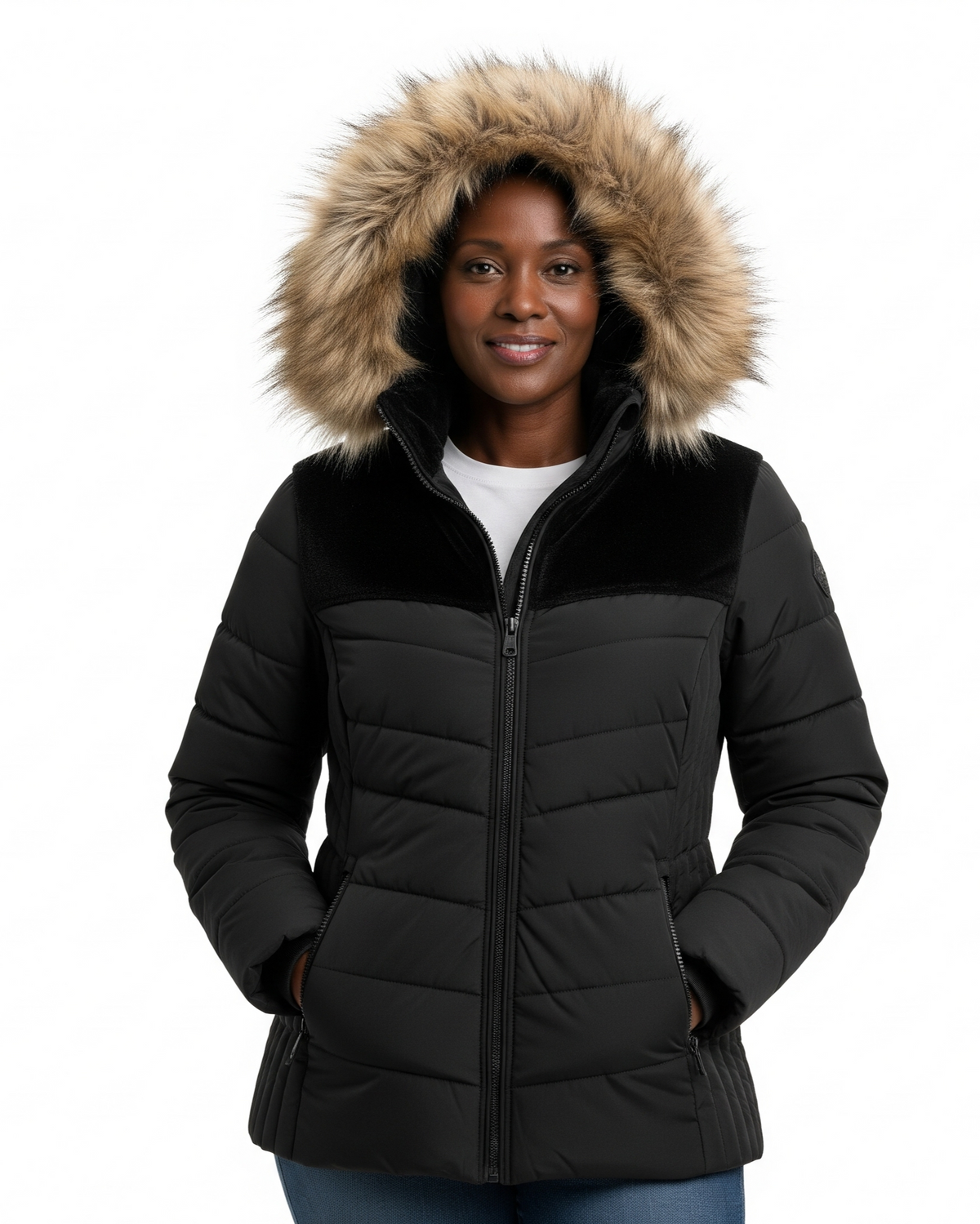 Women's Quilted Puffer Jacket with Faux Fur Hood